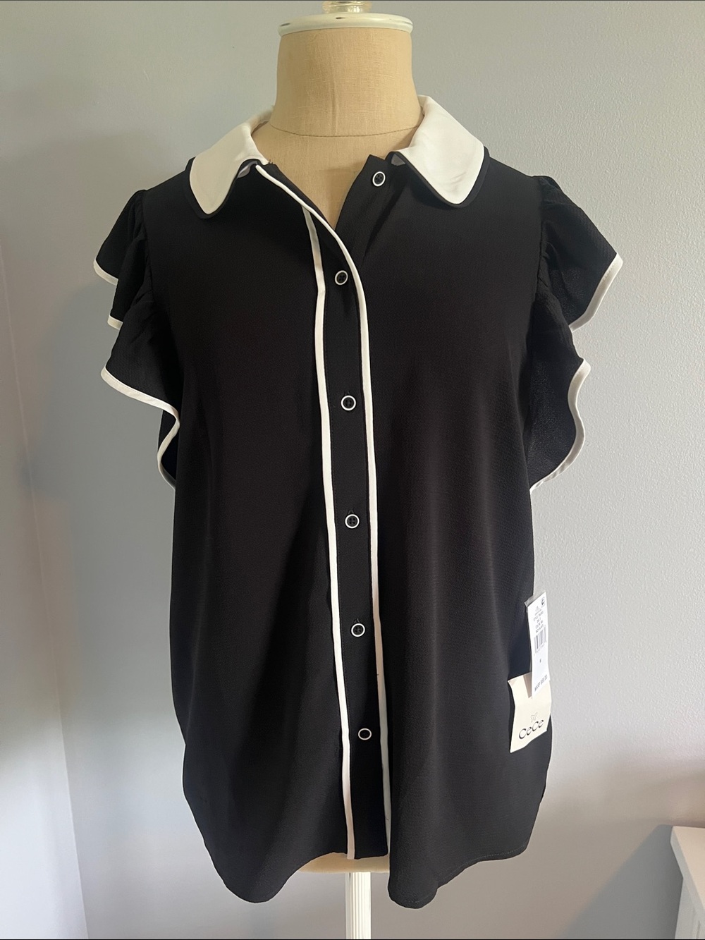 CeCe Black Blouse with White Collar & Contrast Trim